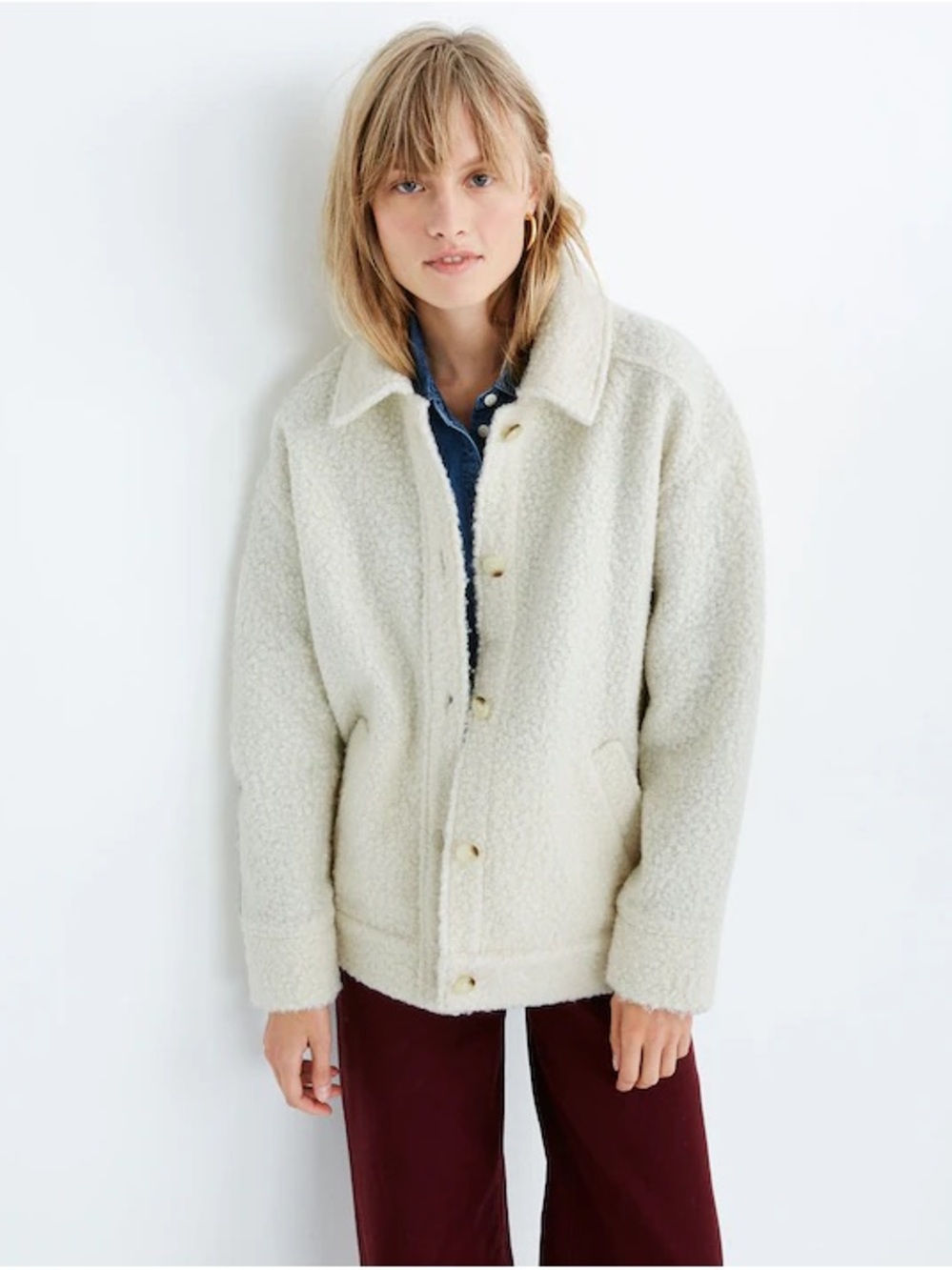 Madewell Sherpa Bomber Winter Button-Up Shirt Jacket in Cream Size Medium